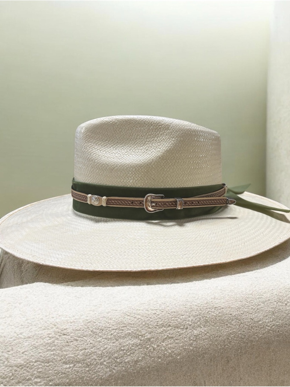 Wide Brim Straw Fedora Hat with Olive Band - Picture 2 of 3